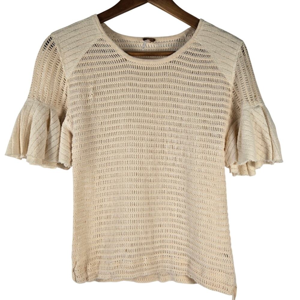 Free People Indie Festival Open Weave Knit Top with Cream Ruffle Sleeve Size M